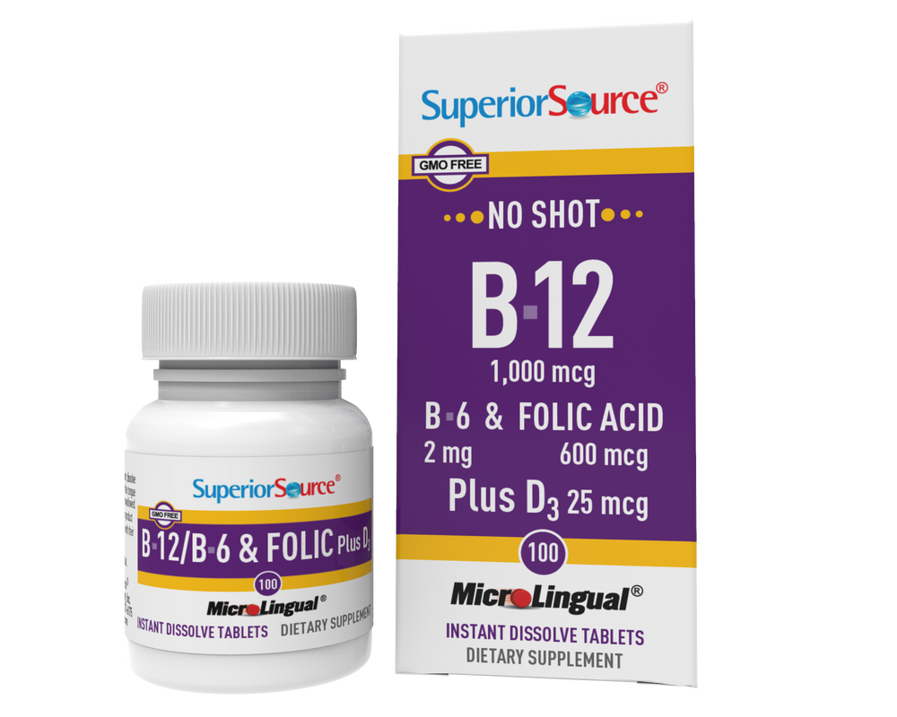 Superior Source NO SHOT B-12 1,000 mcg / B-6 / Folic Acid 600 mcg / D3 1,000 IU